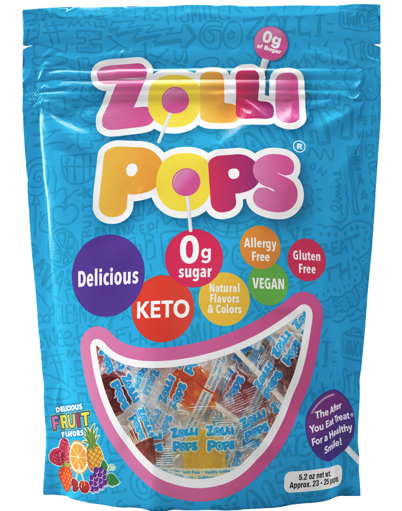 Zolli Pops bag featuring clean teeth pops, fruit flavors, sugar-free, gluten-free, vegan, and nut-free, this link will open in a new window.