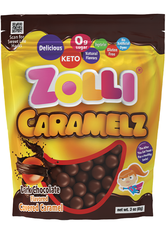 Zolli Caramelz, dark chocolate, sugar-free, gluten-free, vegetarian, non-GMO candy for a healthy smile, this link will open in a new window.